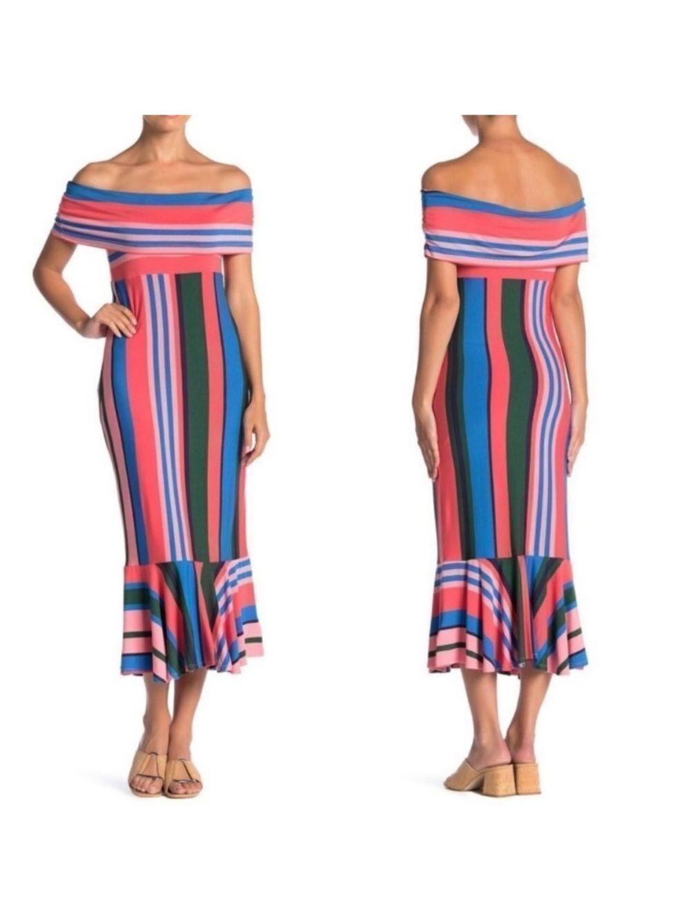 NWT ELLA MOSS Nora Off the Shoulder Striped Flounce Midi Dress XS